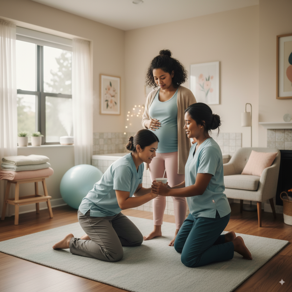 Two doulas supporting a pregnant mother
