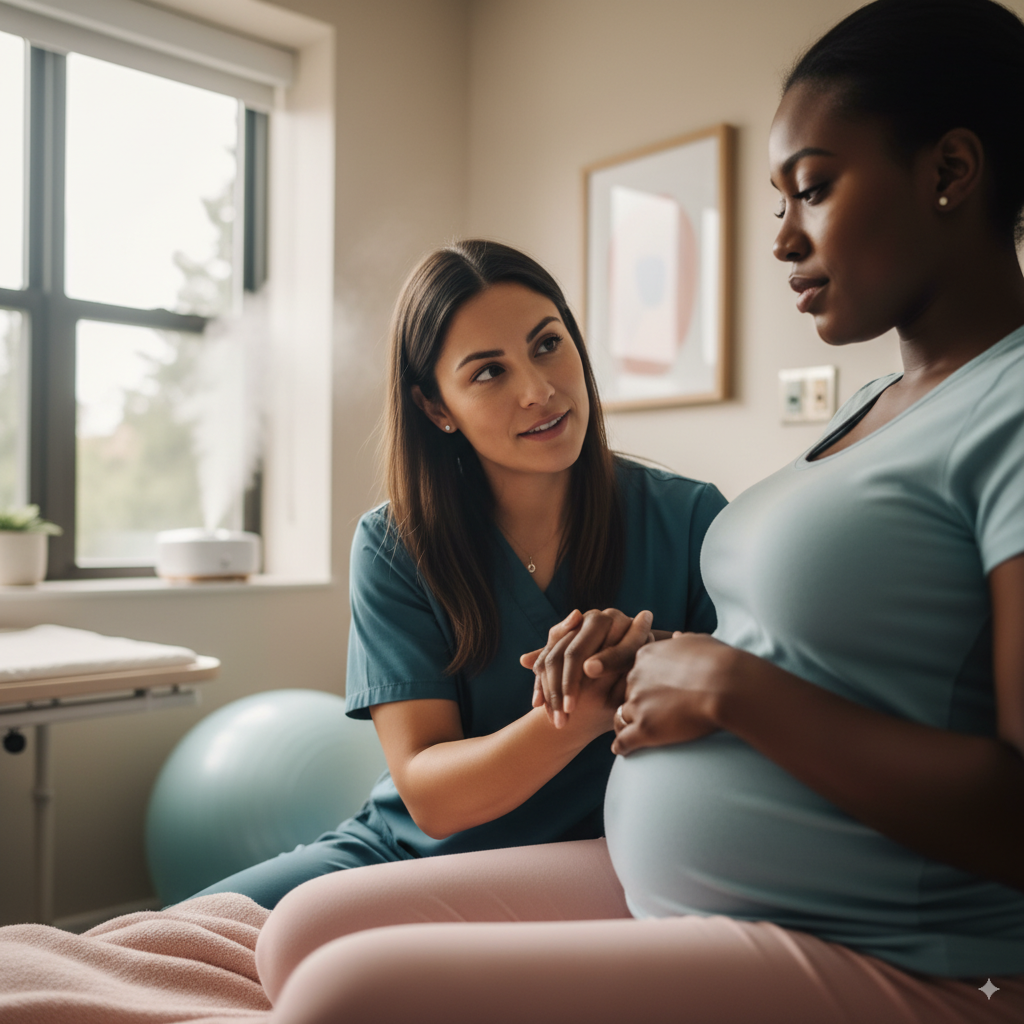 Doula holding hands with a pregnant client